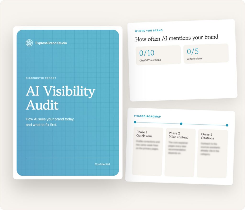 AI Visibility Audit report cover with sample pages showing how often AI tools mention a brand, and a phased roadmap