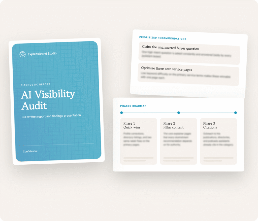 AI Visibility Audit report cover with prioritized recommendations and phased roadmap pages