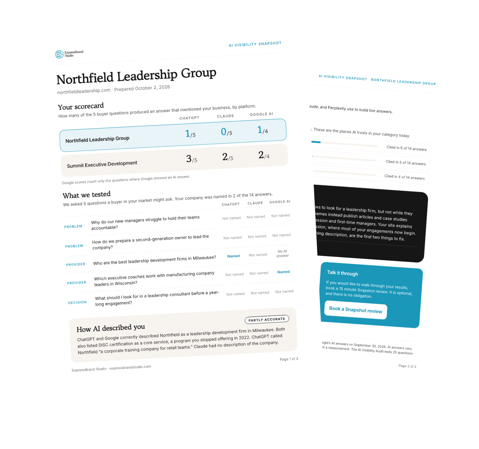 Sample AI Visibility Snapshot report, pages 1 and 2